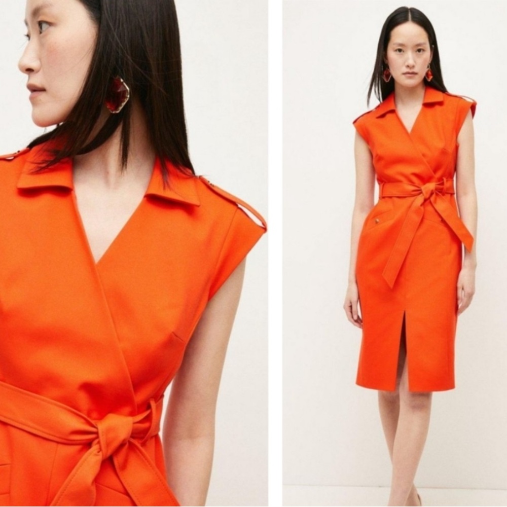 KAREN MILLEN Compact Cotton Military Belted Pencil Dress Orange size 6